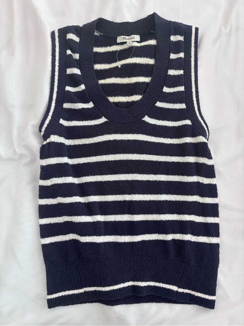Madewell Navy and White Striped Sleeveless V-Neck Sweater